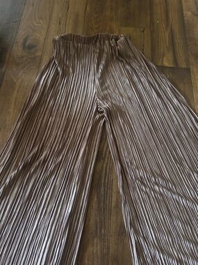 Metallic Pleated Wide-Leg Pants in Shimmering Taupe